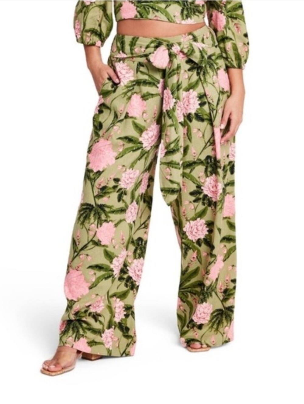 Agua Bendita Olive Green Floral Tie-Waist Wide-Leg Pants